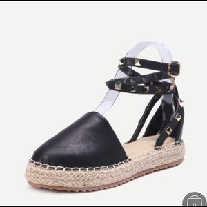 Black Buckled Ankle Strap Faux Leather Flat